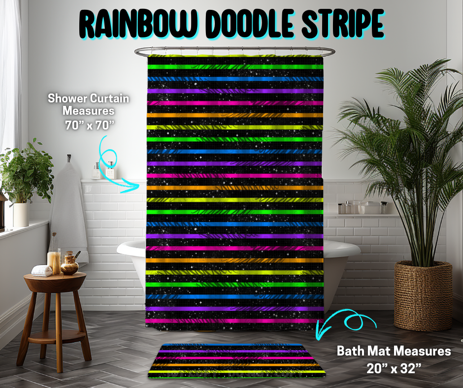 Preorder! Closes 3/26. ETA June. Rainbow Doodle Stripe Custom Shower Curtain and/or Bath Mat