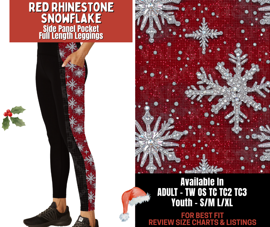 Preorder! Closes 9/24. ETA Dec. Red Rhinestone Snowflake Side Panel Pocket Full Length Leggings
