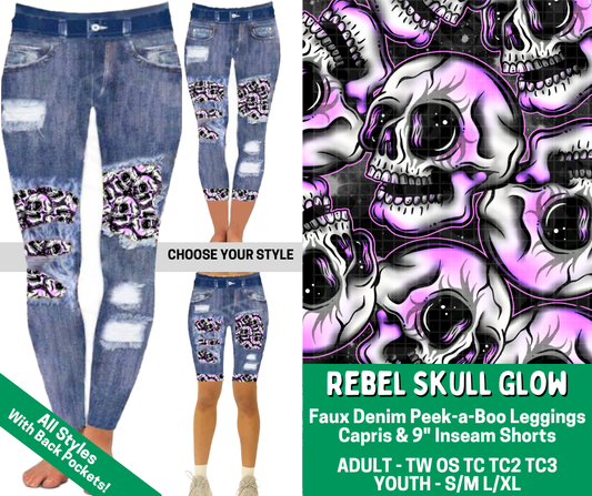 Preorder! Closes 2/18. ETA May. Rebel Skull Glow Combo Faux Denim Peekaboo Legging Lengths