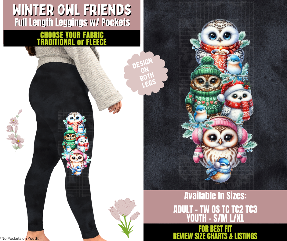 Preorder! Closes 10/8. ETA Dec. Winter Owl Friends Watercolor Leggings w/ Side Leg Designs Choose Fleece or Traditional