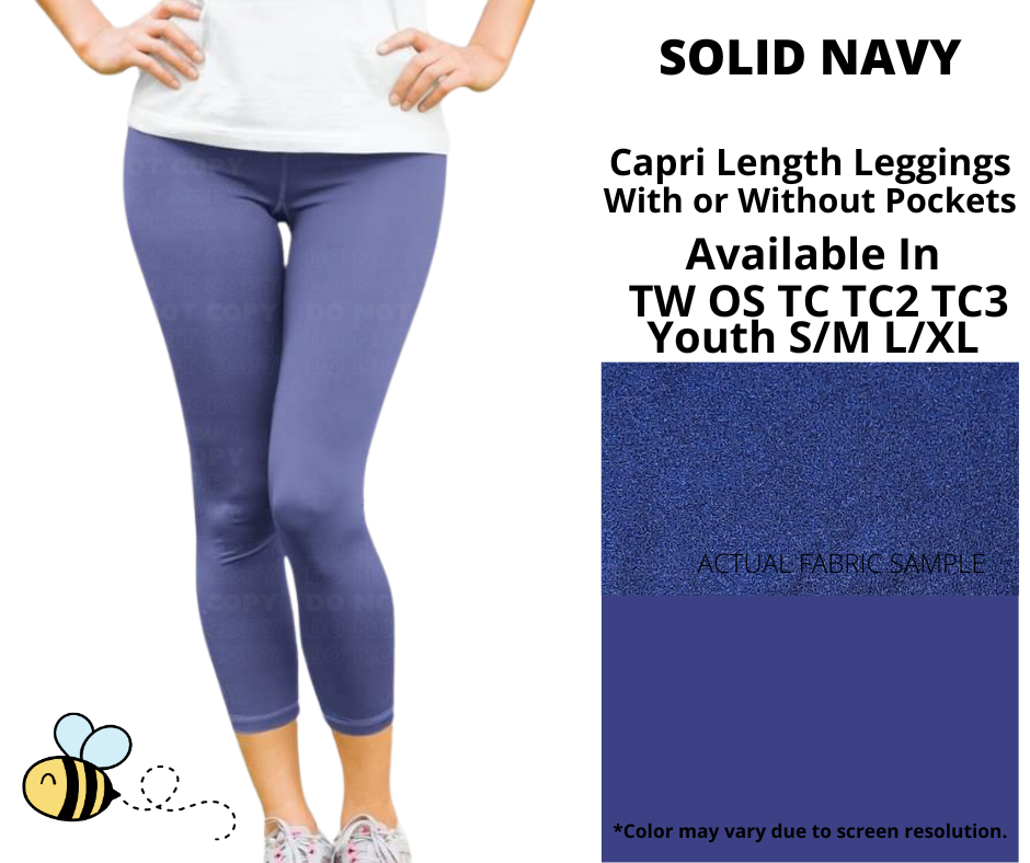 Preorder! Closes 1/28. ETA April. Solid Navy Capri Length Leggings w/wo Pockets