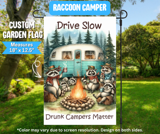 Preorder! Closes 3/9. ETA June. Raccoon Camper Garden Flag
