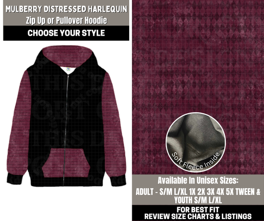 Preorder! Closes 12/1. ETA Feb. Mulberry Distressed Harlequin Zip-Up or Pullover Hoodie