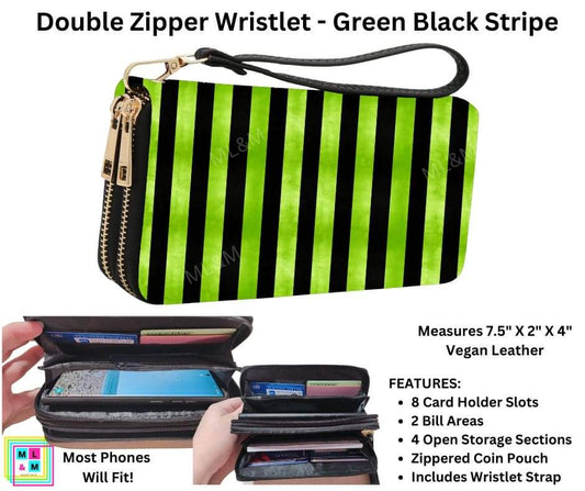 Green Black Stripe Double Zipper Wristlet