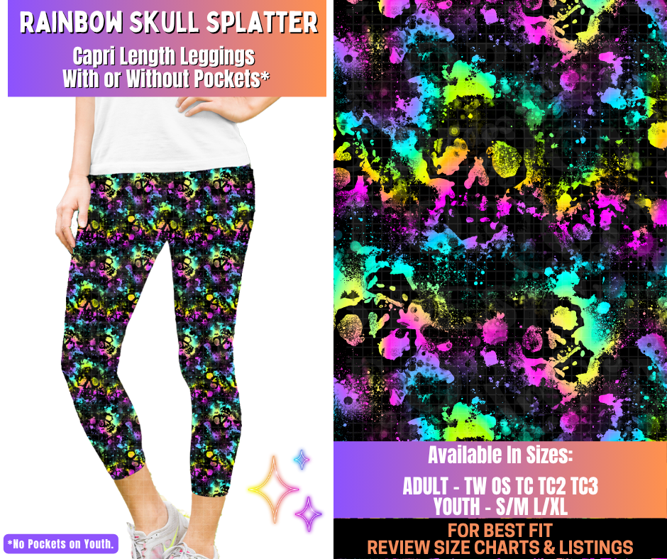 Preorder! Closes 12/10. ETA March. Rainbow Skull Splatter Capri Length Leggings w/wo Pockets