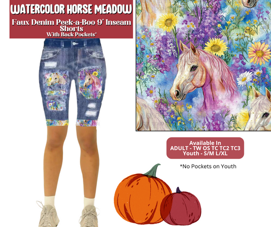 Preorder! Closes 6/30. ETA Sept. Watercolor Horse Meadow Faux Denim Peekaboo Jamaica Shorts