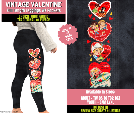 Preorder! Closes 11/20. ETA Jan. Vintage Valentine Watercolor Leggings w/ Side Leg Designs Choose Fleece or Traditional
