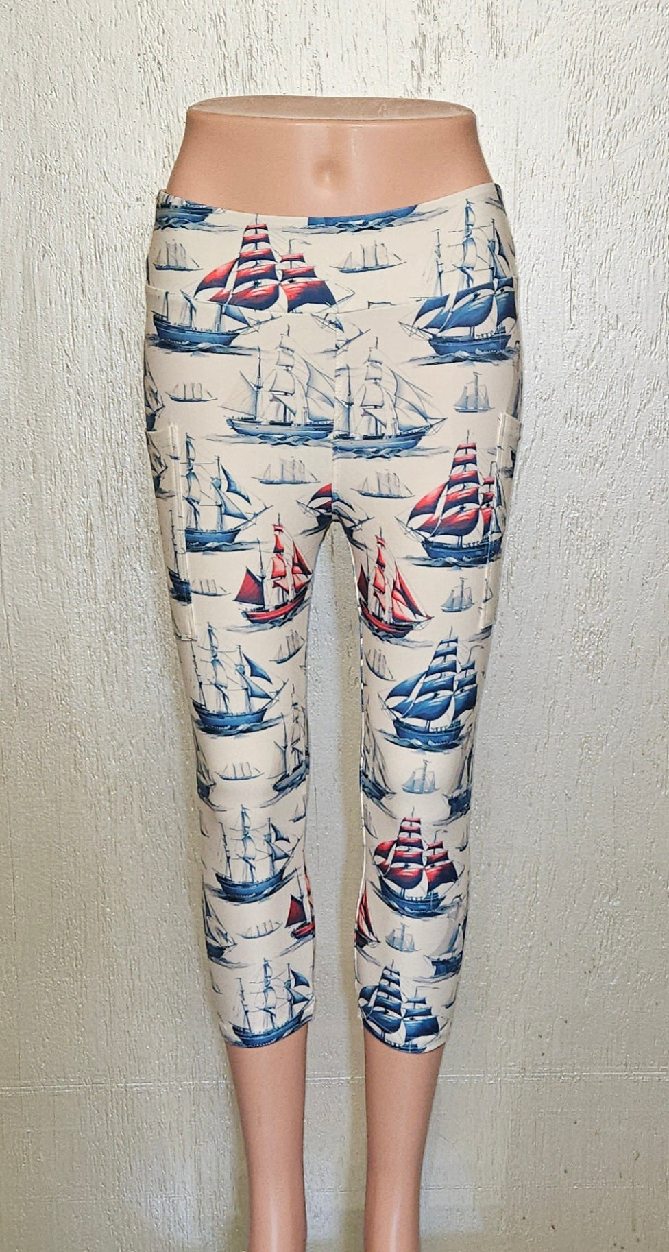 Red and Navy Vintage Sailboats capris and biker shorts with pockets