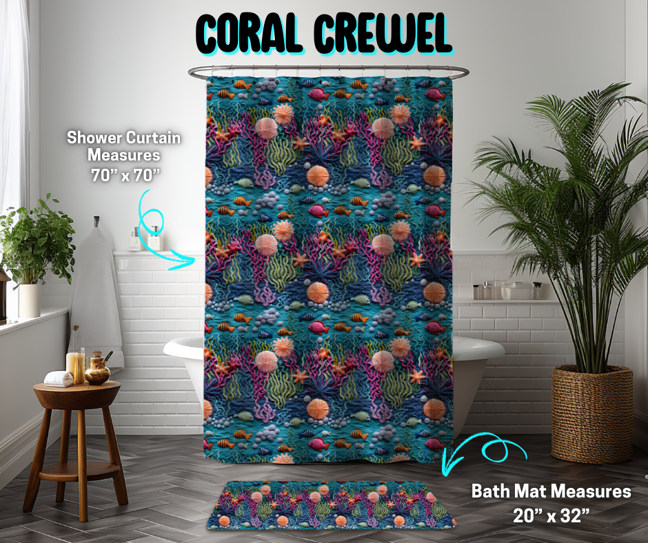 Preorder! Closes 3/26. ETA June. Coral Crewel Custom Shower Curtain and/or Bath Mat