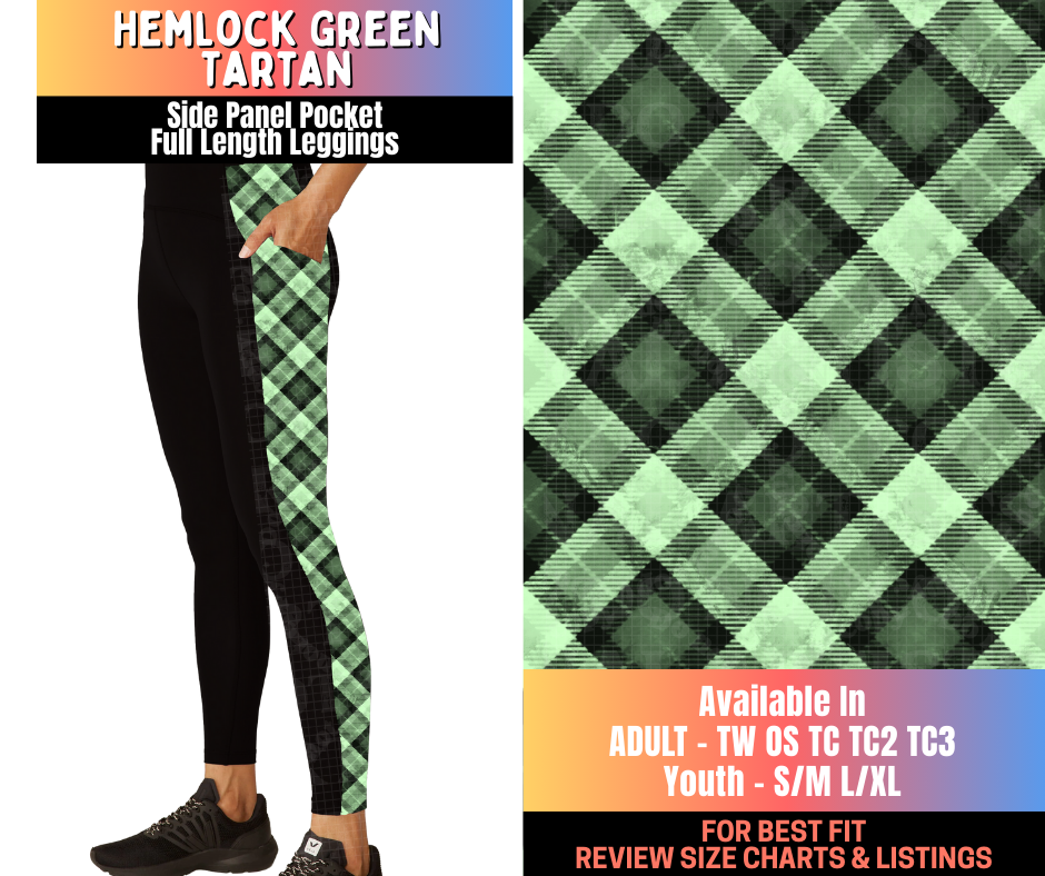 Preorder! Closes 10/15. ETA Jan. Hemlock Green Tartan Side Panel Pocket Full Length Leggings