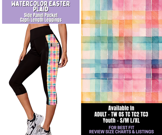 Preorder! Closes 1/22. ETA April. Watercolor Easter Plaid Side Panel Pocket Capri Length Leggings
