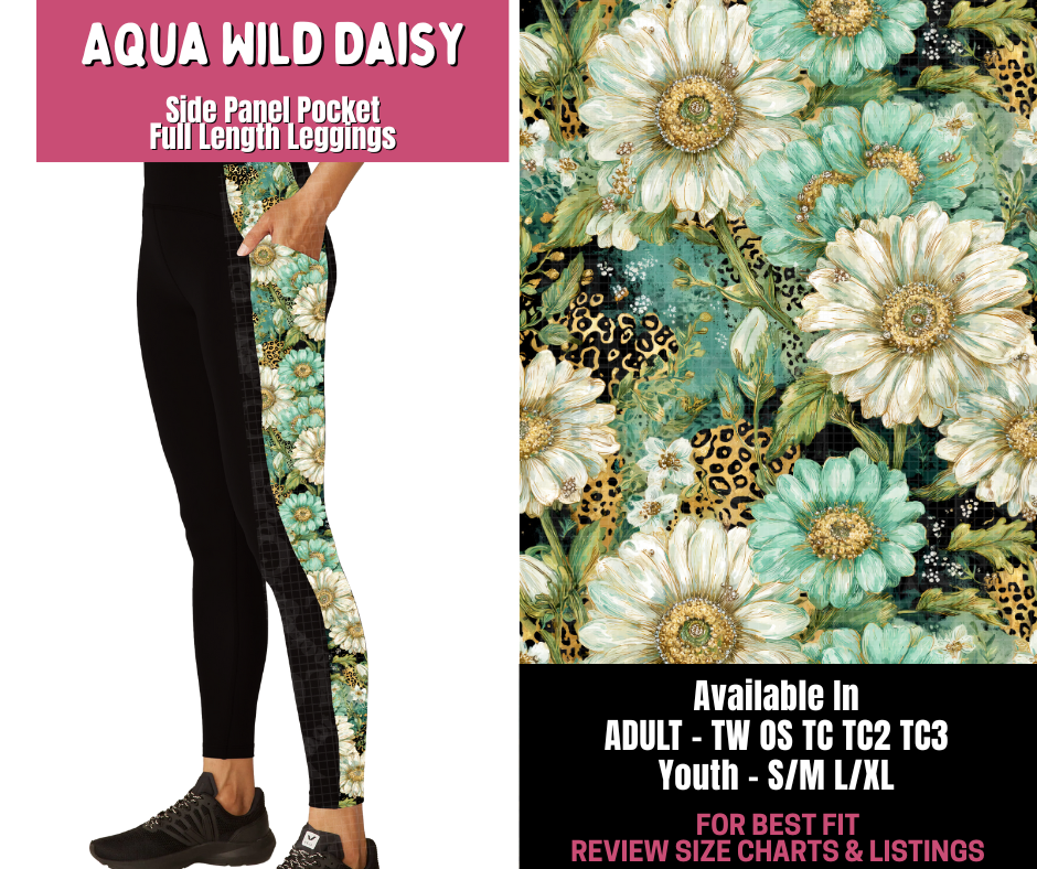 Preorder! Closes 11/10. ETA Jan. Aqua Wild Daisy Side Panel Pocket Full Length Leggings