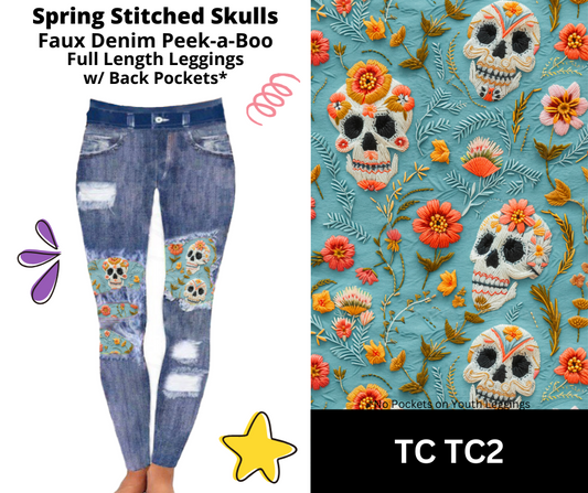 Spring Stitched Skulls Faux Denim Full Length Peekaboo Leggings