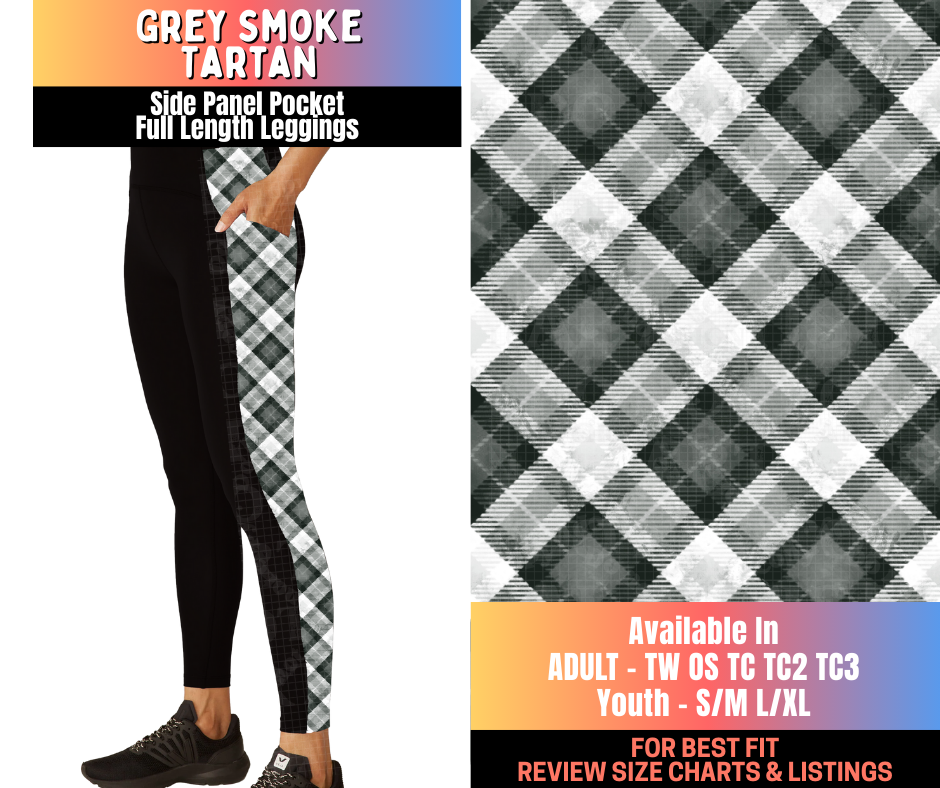 Preorder! Closes 10/15. ETA Jan. Grey Smoke Tartan Side Panel Pocket Full Length Leggings