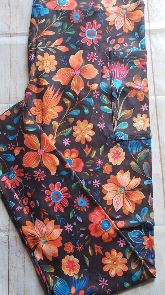 Fiesta floral on dark brown leggings with pockets