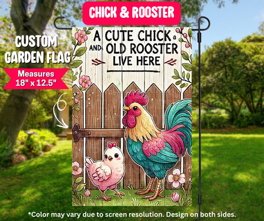 Preorder! Closes 12/25. ETA March. Chick & Rooster Garden Flag