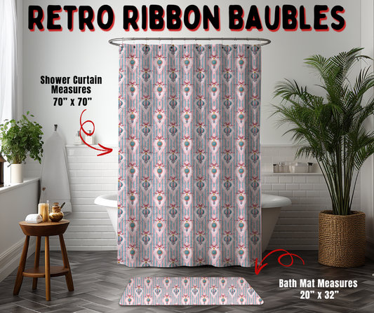 Preorder! Closes 9/2. ETA Dec. Retro Ribbon Baubles Custom Shower Curtain and/or Bath Mat