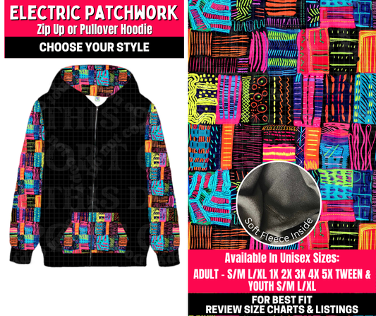 Preorder! Closes 10/23. ETA Jan. Electric Patchwork Zip-Up or Pullover Hoodie