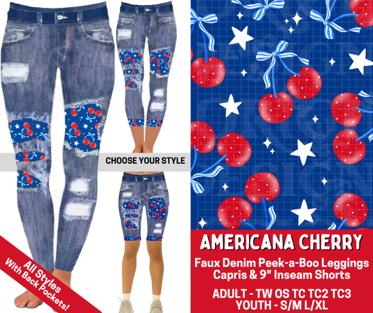 Preorder! Closes 3/19. ETA June. Americana Cherry Combo Faux Denim Peekaboo Legging Lengths
