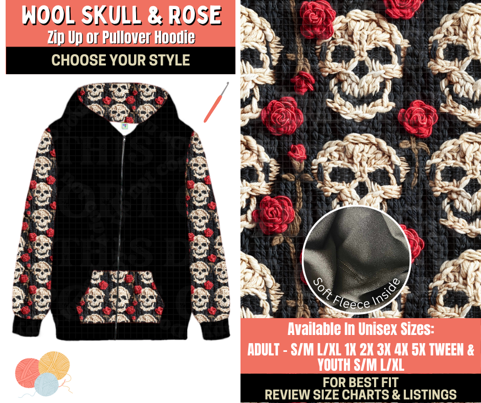 Preorder! Closes 10/1. ETA Dec. Wool Skull & Rose Zip-Up or Pullover Hoodie