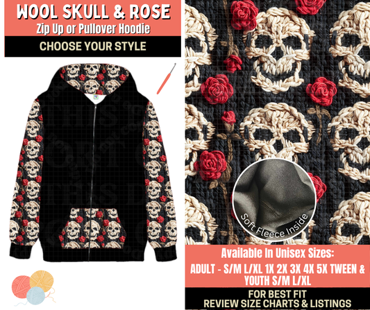 Preorder! Closes 10/1. ETA Dec. Wool Skull & Rose Zip-Up or Pullover Hoodie