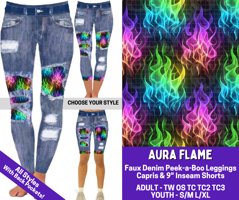 Preorder! Closes 4/9. ETA June. Aura Flame Combo Faux Denim Peekaboo Legging Lengths