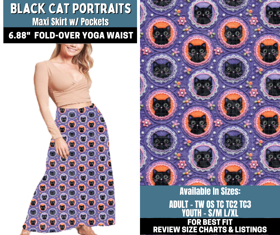 Preorder! Closes 10/13. ETA Jan. Black Cat Potraits Maxi Skirt