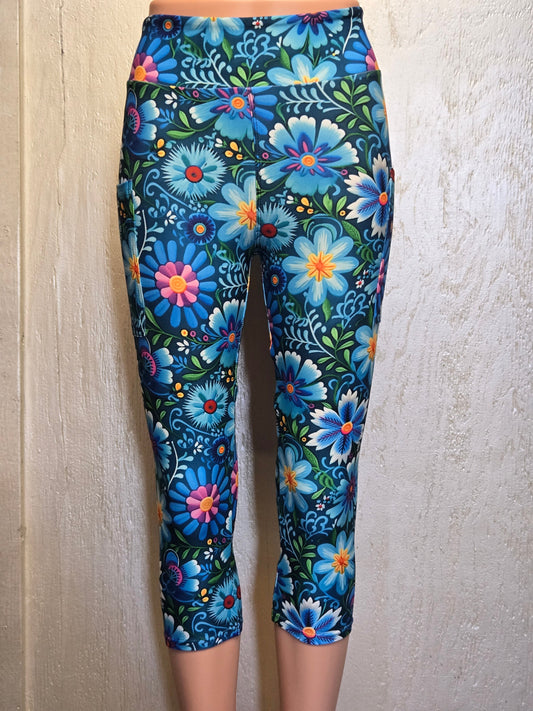 Floral on green capris with pockets