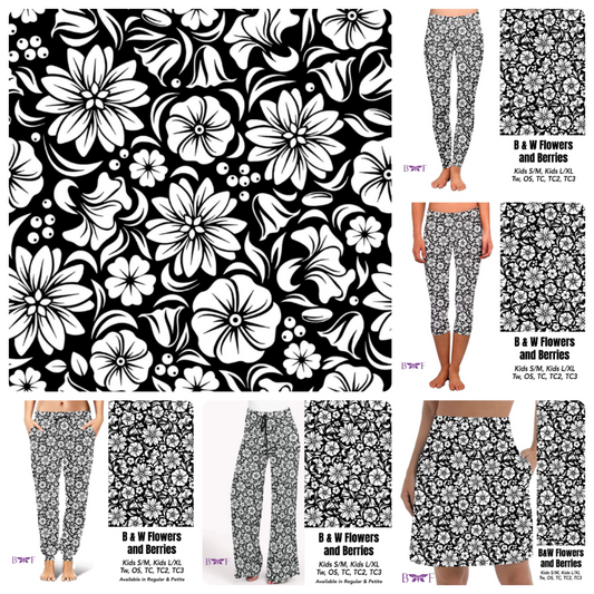 B&W Flowers and Berries leggings, shorts and skorts