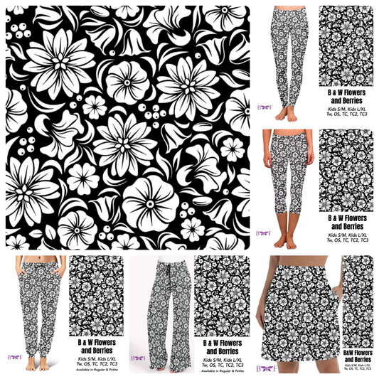 B&W Flowers and Berries leggings and capris with pockets