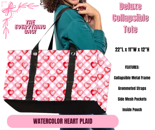 Preorder! Closes 11/27. ETA Feb. Watercolor Heart Plaid Collapsible Tote