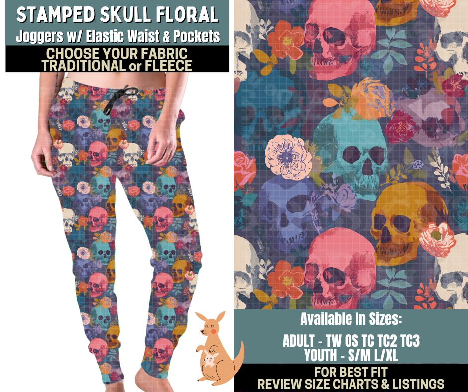 Preorder! Closes 10/2. ETA Dec. Stamped Skull Floral Joggers Choose Fleece or Traditional