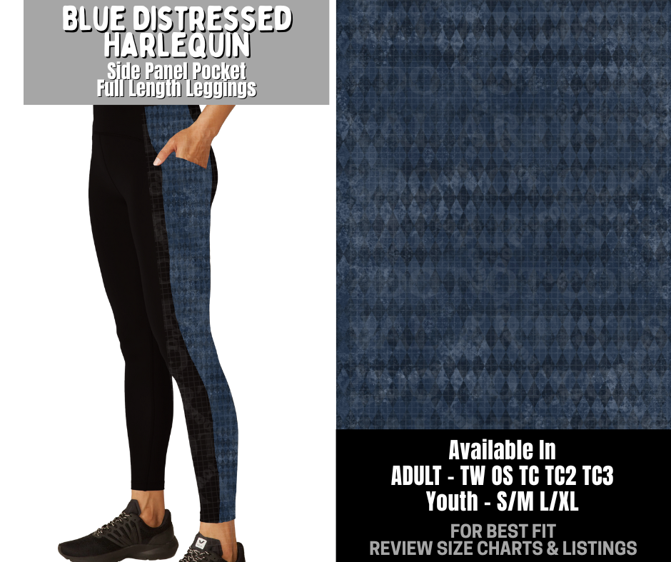 Preorder! Closes 12/3. ETA Feb. Blue Distressed Harlequin Side Panel Pocket Full Length Leggings