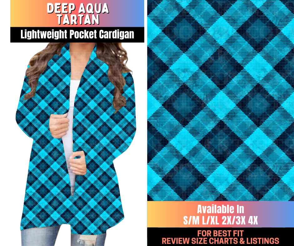 Preorder! Closes 10/15. ETA Jan. Deep Aqua Tartan Pocket Cardigan
