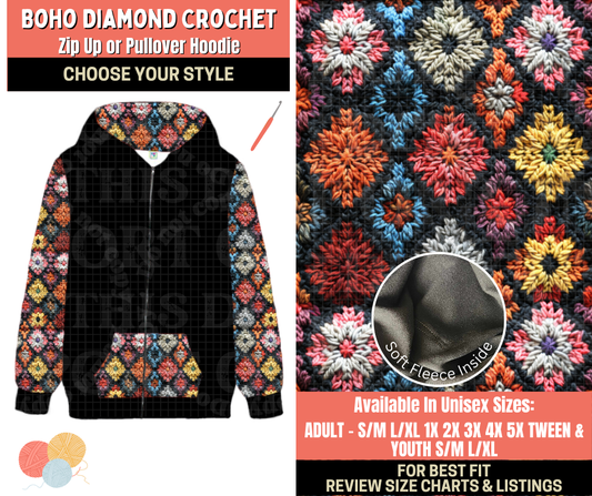 Preorder! Closes 10/1. ETA Dec. Boho Diamond Crochet Zip-Up or Pullover Hoodie