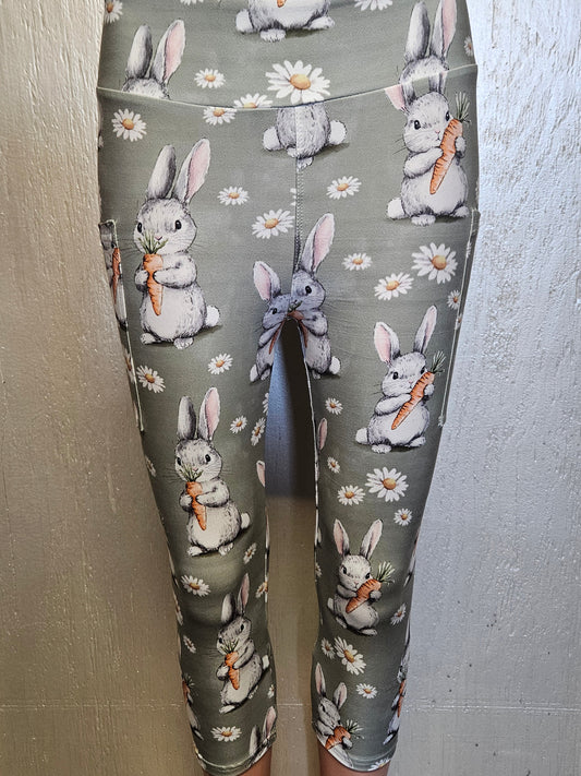 Rabbits On Teal capris with pockets