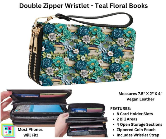 Teal Floral Books Double Zipper Wristlet