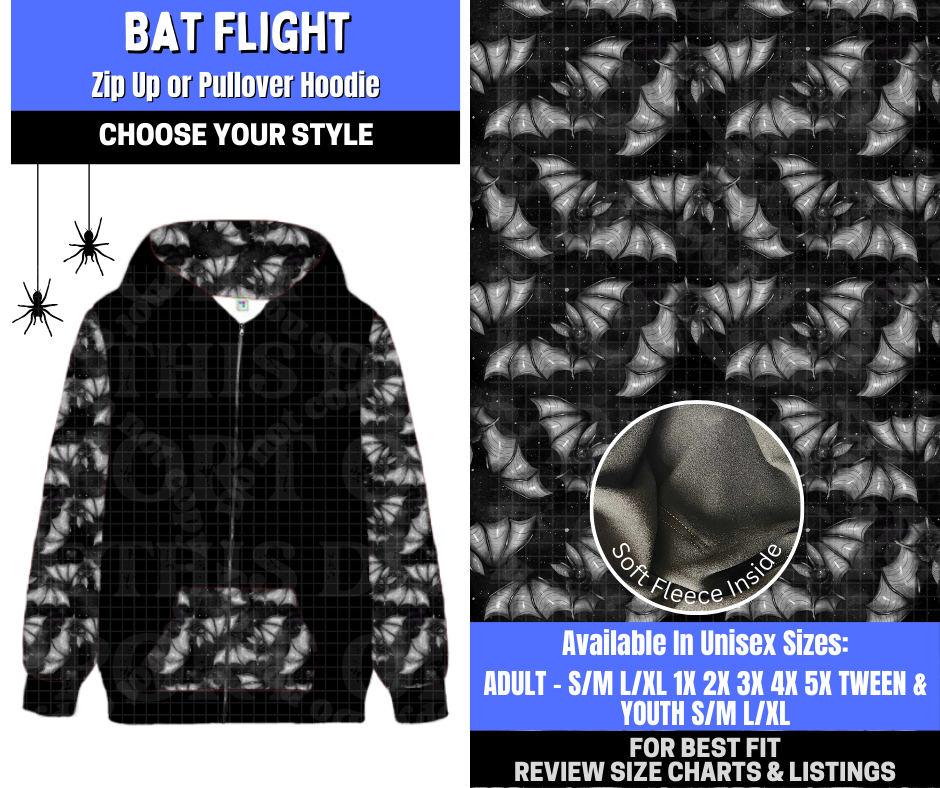 Preorder! Closes 1/26. ETA April. Bat Flight Zip-Up or Pullover Hoodie