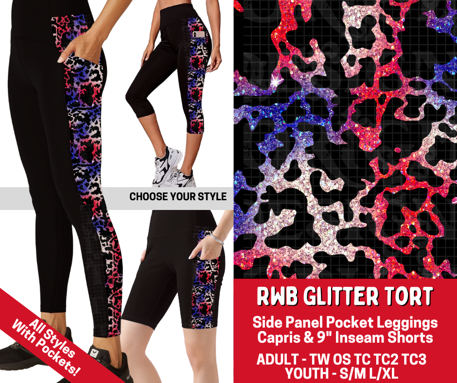 Preorder! Closes 3/19. ETA June. RWB Glitter Tort Combo Side Panel Legging Lengths