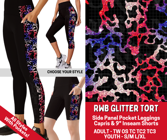 Preorder! Closes 3/19. ETA June. RWB Glitter Tort Combo Side Panel Legging Lengths