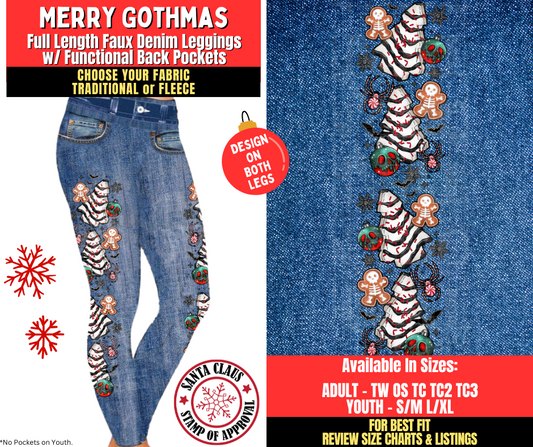 Preorder! Closes 8/27. ETA Nov. Merry Gothmas Faux Denim Leggings w/ Side Leg Designs Choose Fleece or Traditional