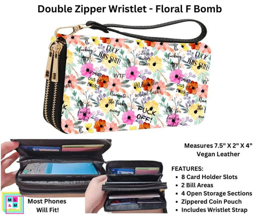 Floral F Bomb Double Zipper Wristlet