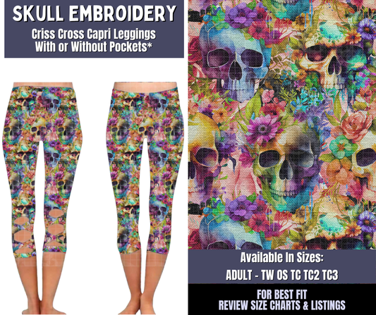 Preorder! Closes 4/1. ETA June. Skull Embroidery Criss Cross Capri w/ Pockets
