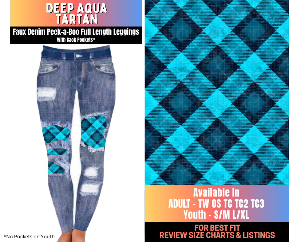Preorder! Closes 10/15. ETA Jan. Deep Aqua Tartan Full Length Faux Denim Peekaboo