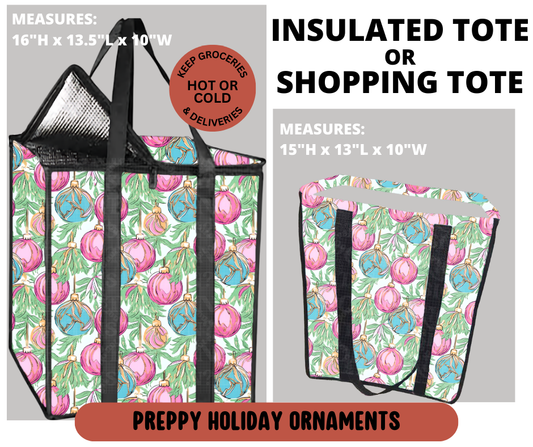 Preorder! Closes 9/11. ETA Dec. Preppy Holiday Ornaments Shopping & Insulated Tote