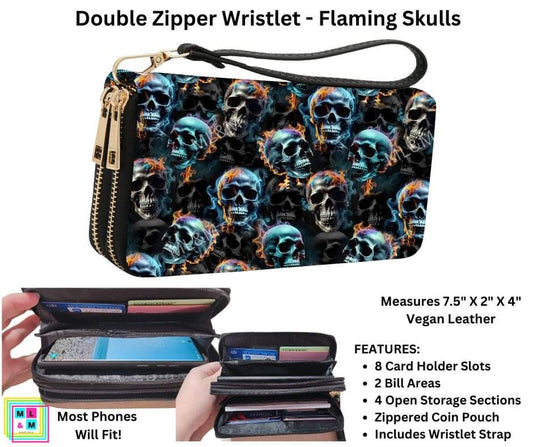 Flaming Skulls Double Zipper Wristlet