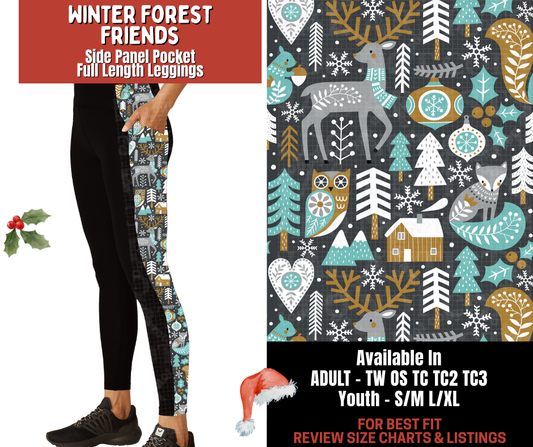 Preorder! Closes 9/24. ETA Dec. Winter Forest Friends Side Panel Pocket Full Length Leggings