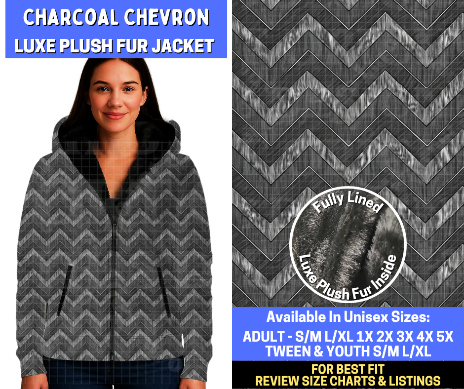 Preorder! Closes 10/29. ETA Jan. Charcoal Chevron Luxe Fur Jacket