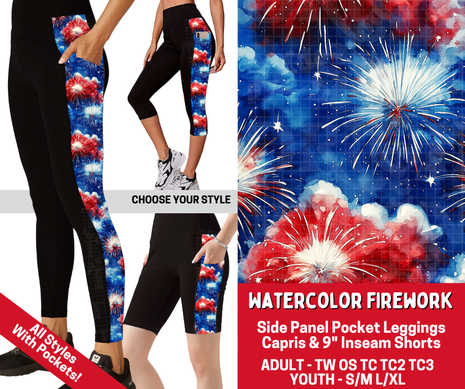 Preorder! Closes 3/19. ETA June. Watercolor Firework Combo Side Panel Legging Lengths