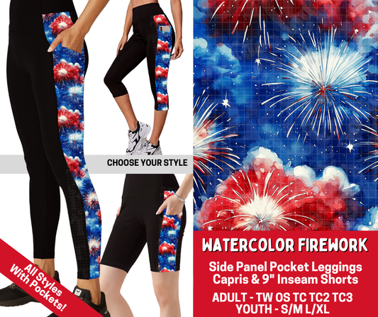 Preorder! Closes 3/19. ETA June. Watercolor Firework Combo Side Panel Legging Lengths
